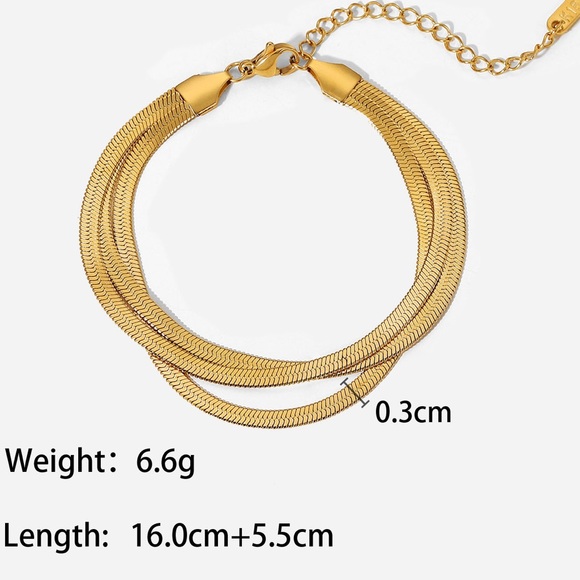 NWT Three-Layer Flat Snake Bone Chain18K Gold Plated Stainless Bracelet - Picture 4 of 7